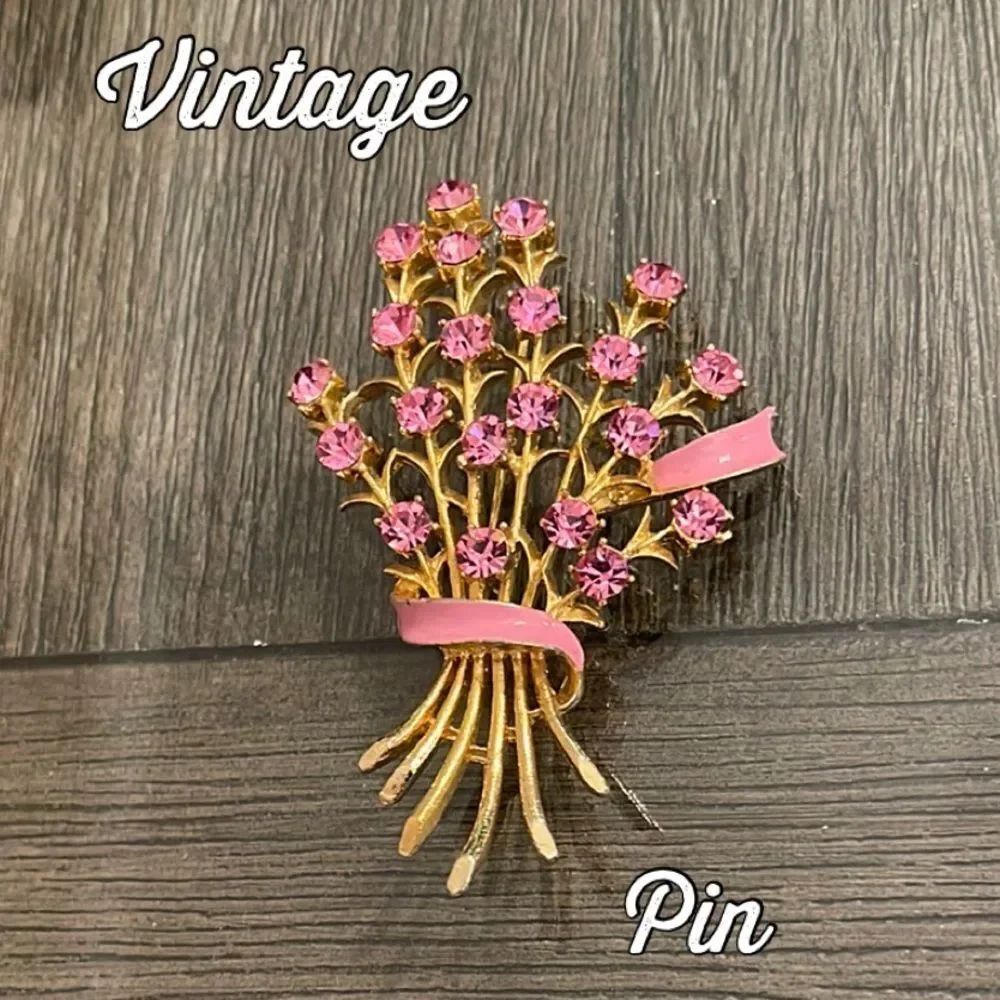 Vintage Pin Rhinestone Brooch Floral Bouquet with Pink Enamel Accents